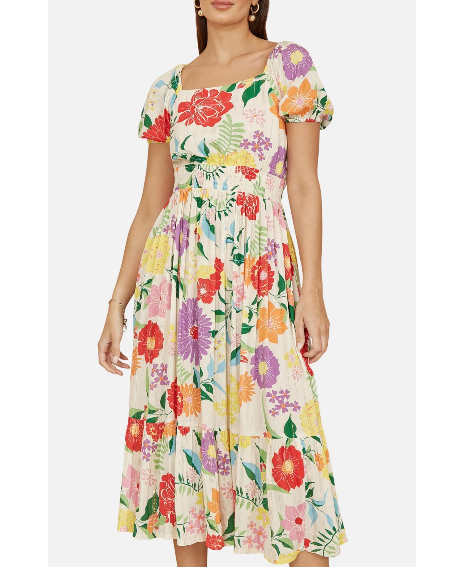 Women's Short Sleeve Square Neck Midi Dress