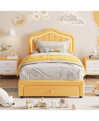 Upholstered Bed Frame with Storage Drawer and LED Headboard, Wood Slats, No Box Spring Needed