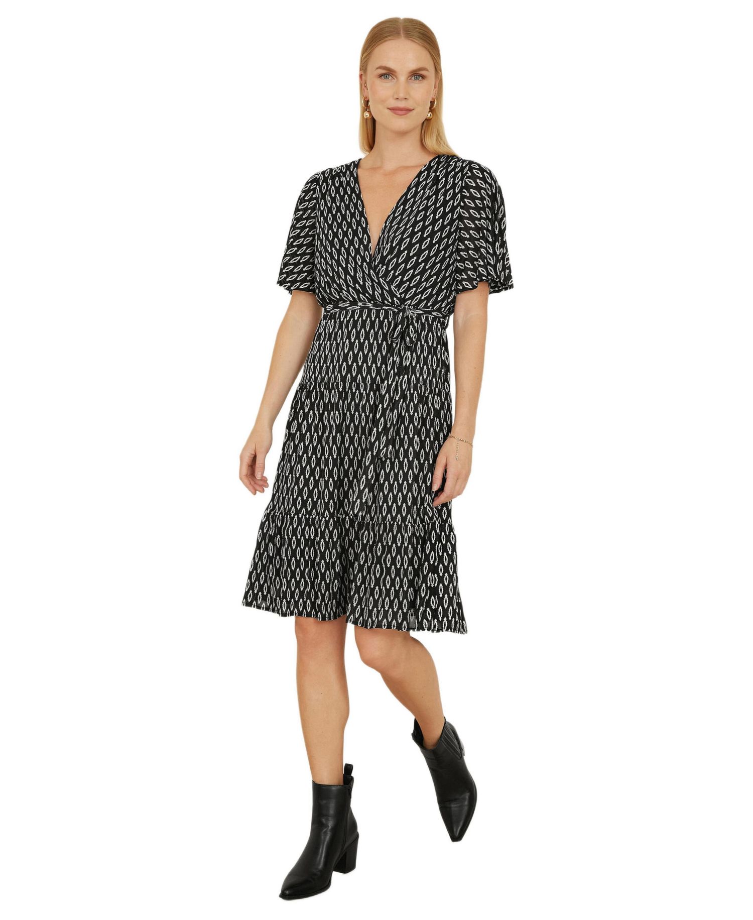 Women's Short Sleeve Tie Waist Midi Skater Dress
