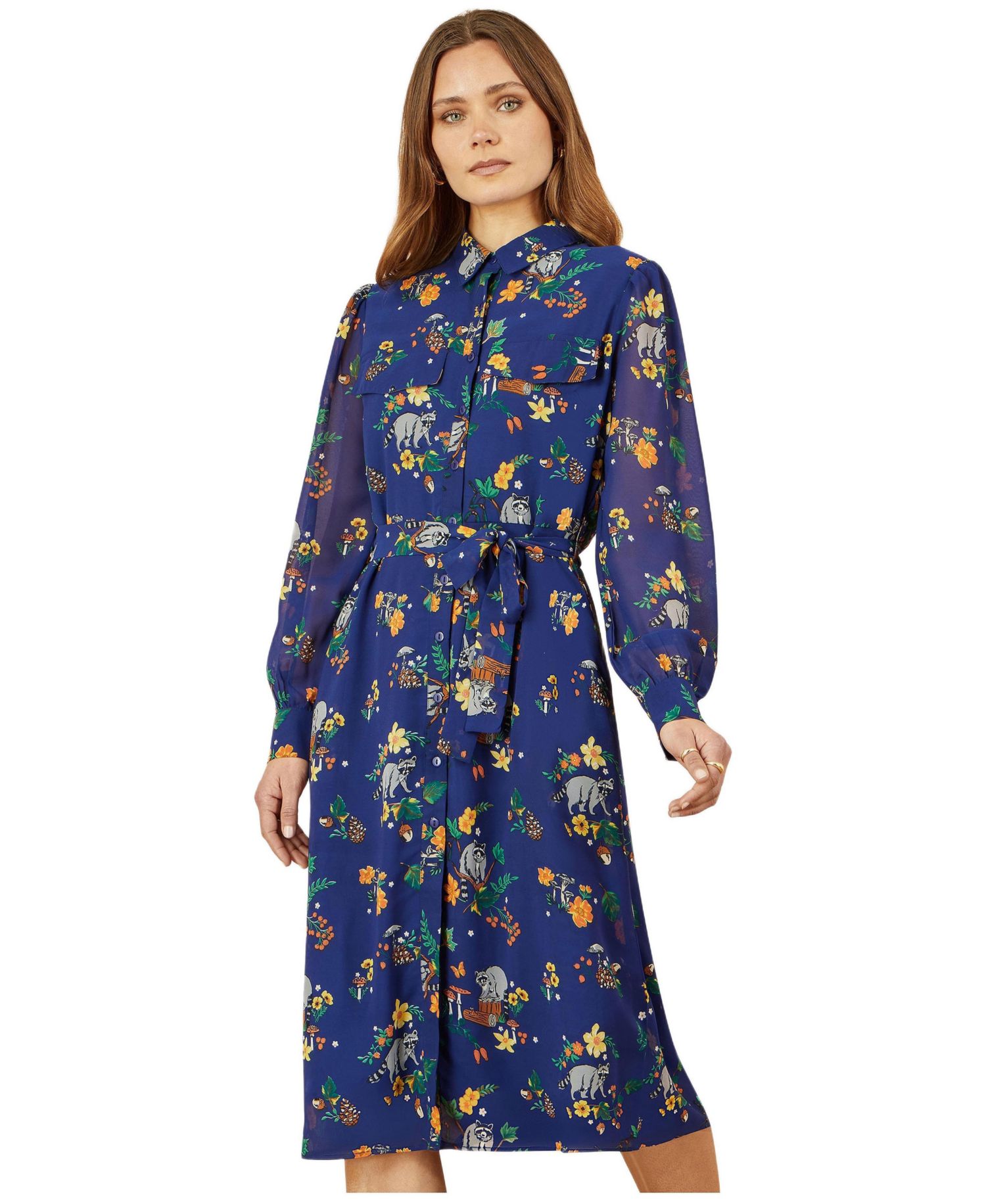 Women's Raccoon Print Shirt Midi Dress