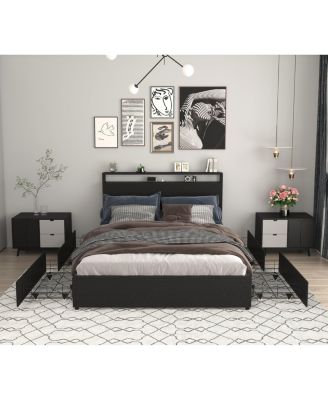 Queen Bed Frame, Storage Headboard with Charging Station, Solid and Stable, Noise Free