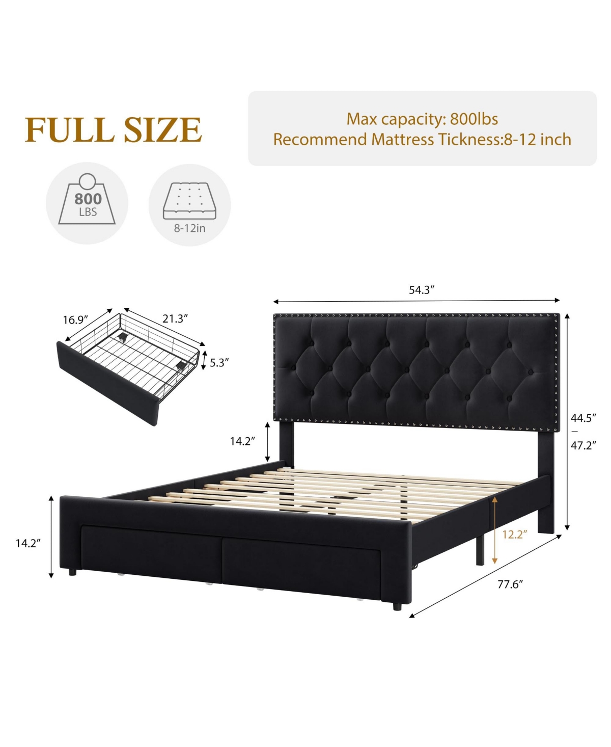 Homfan Upholstered Bed Frame with 2 Storage Drawers