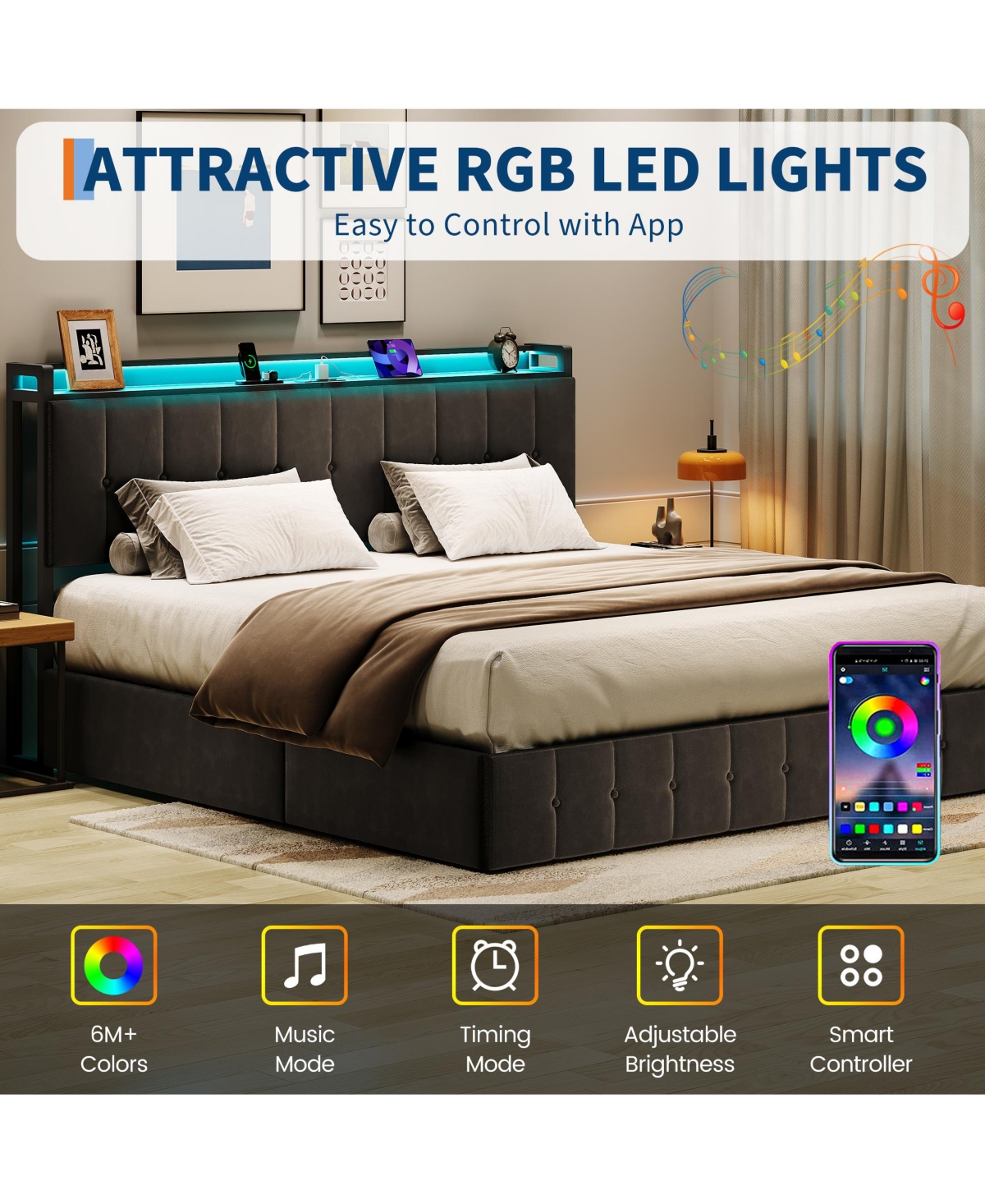 Homfan Lift-Up Hydraulic Storage Upholstered Soft Bed Frame with Led Lights, Power Outlets, Sturdy Metal Slats