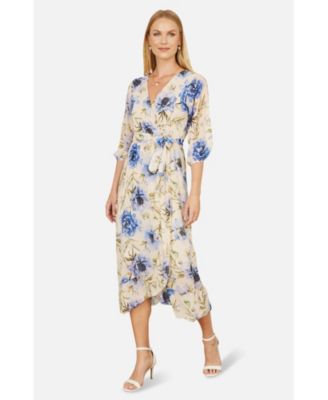 Women's 3/4 Sleeve V-Neck Wrap Midi Dress