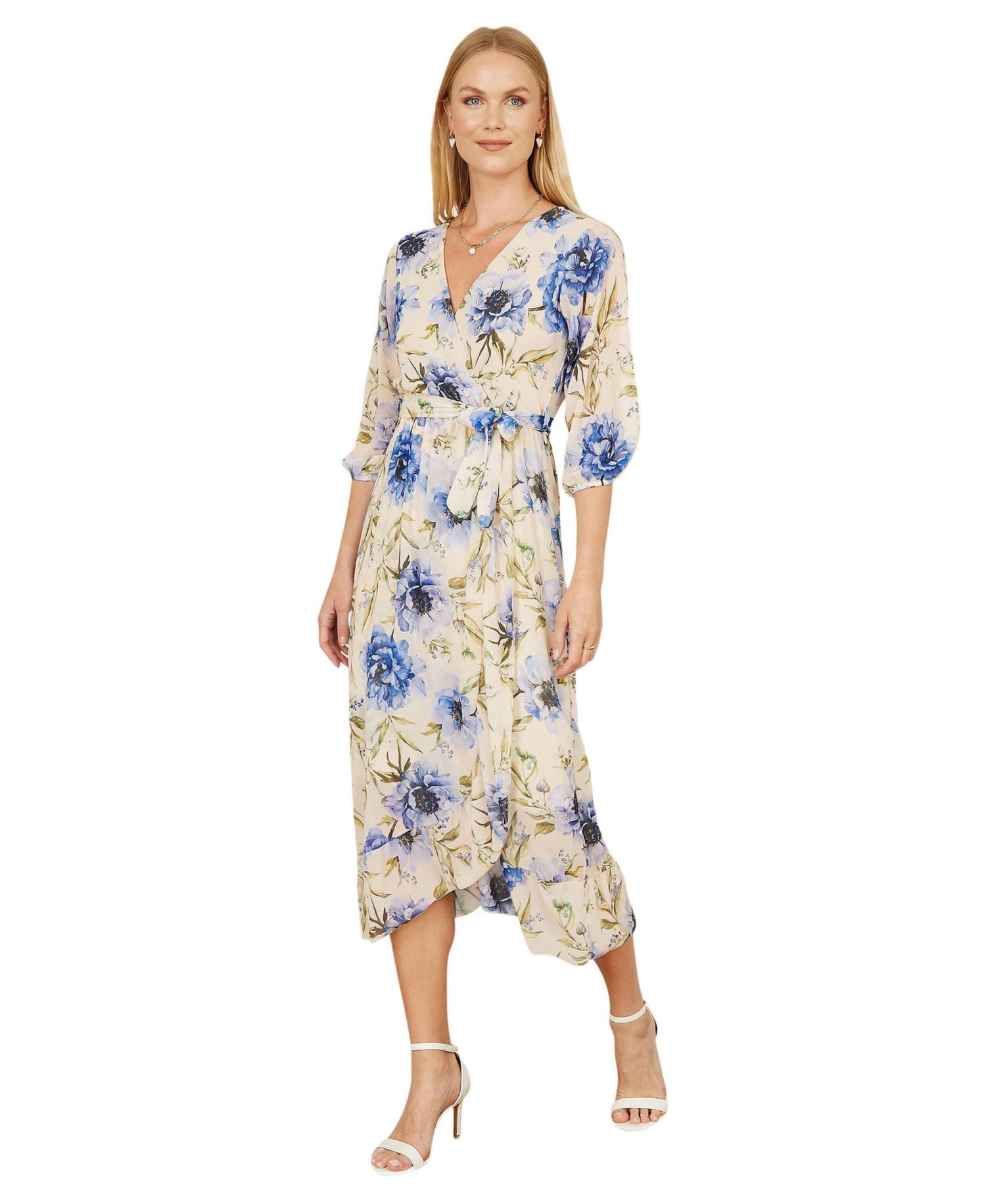 Women's 3/4 Sleeve V-Neck Wrap Midi Dress