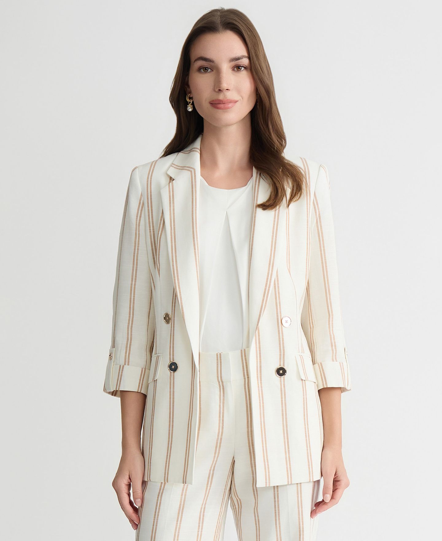 Женский пиджак Kasper Striped Linen Blend 3/4-Sleeve Double-Breasted Blazer, Regular & Petite, цвет: Ванильный ледяной — фото 6