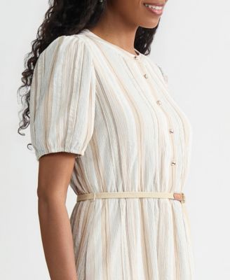Women's Striped Puff-Sleeve Midi Shirtdress
