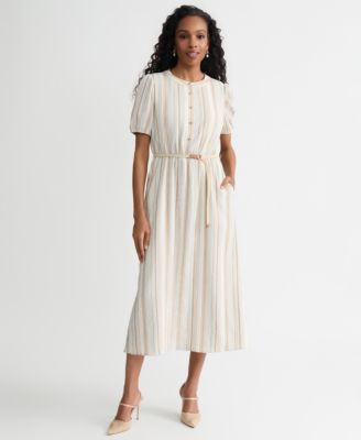 Women's Striped Puff-Sleeve Midi Shirtdress
