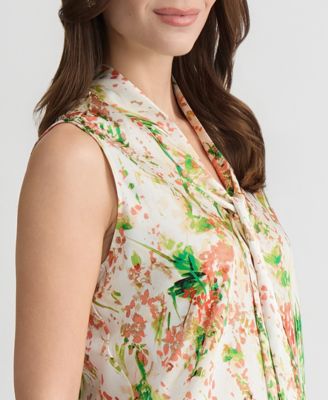 Women's Floral-Print Sleeveless Tie-Neck Top