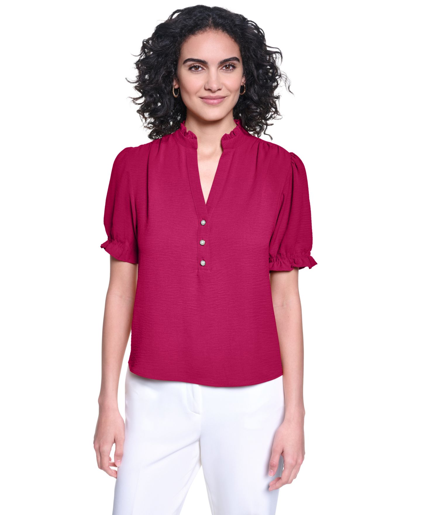 Женская блузка KARL LAGERFELD PARIS V-Neck Short-Sleeve Blouse, цвет: Currant — фото 1