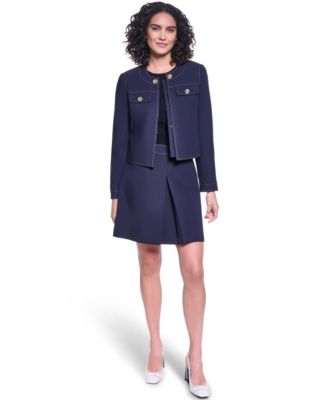 Women's Twill Contrast Stitch Round Neck Cropped Jacket and Invisible Zipper Mini Skirt