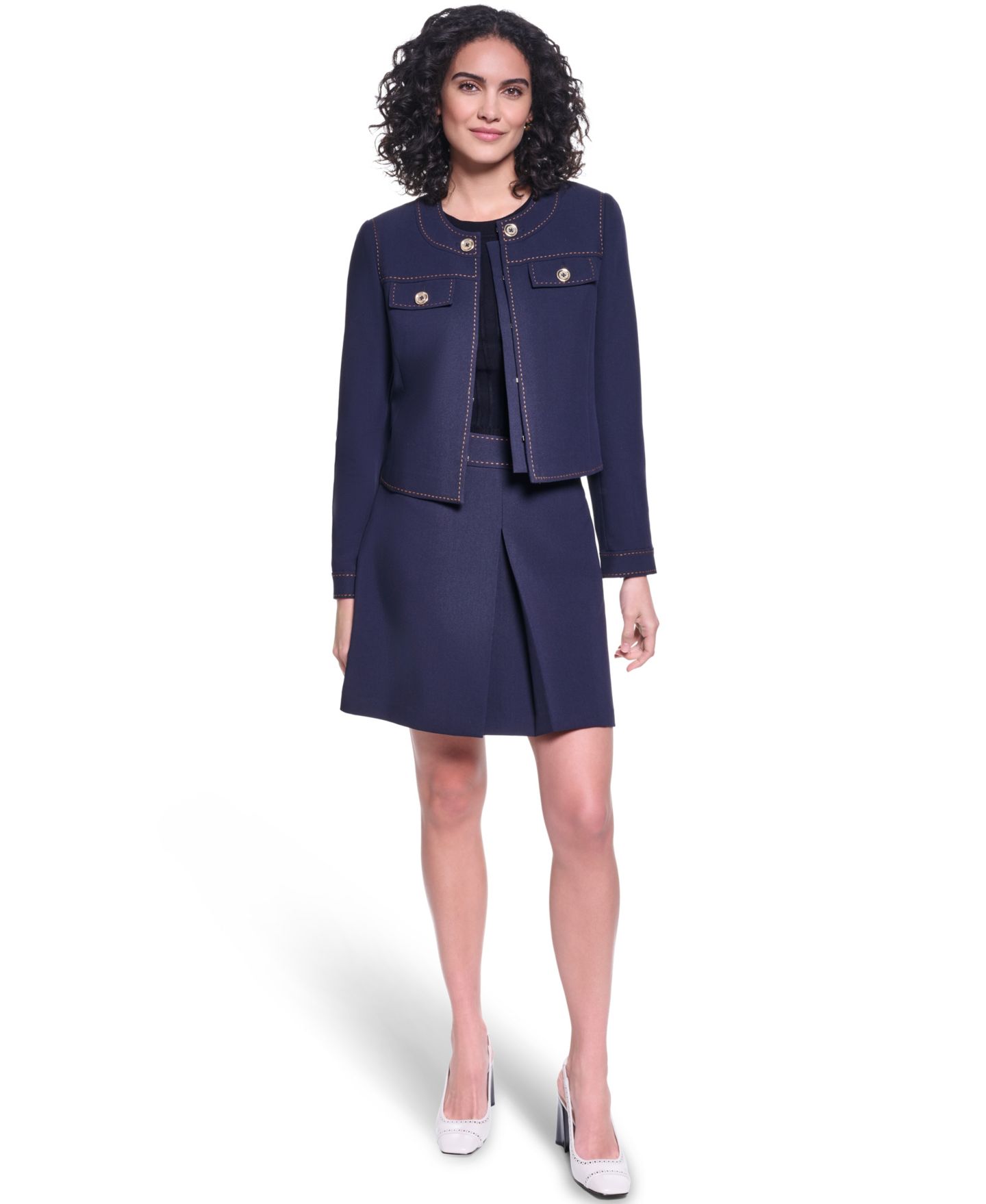 Женская куртка KARL LAGERFELD PARIS Twill Contrast Stitch Round Neck Cropped Jacket, цвет: Тёмно-синий / Сиена — фото 4
