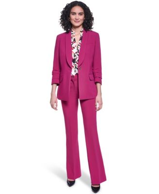 Women's 3/4-Sleeve Shoulder Padded One-Button Blazer, V-Neck Sleeveless Geometric Blouse and Mid-Rise Flare Pants