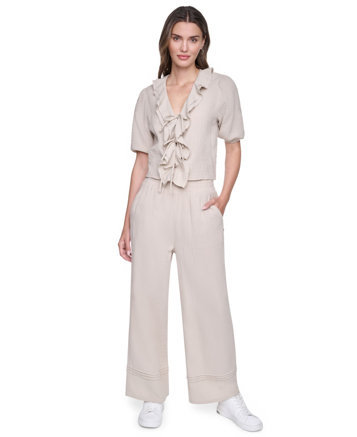 Women's V-Neck Short Puff-Sleeve Tie-Front Shirt