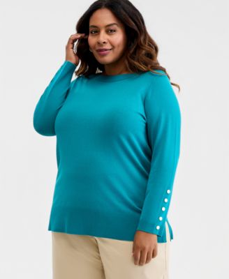 Plus Size Boat-Neck Button-Sleeve Sweater