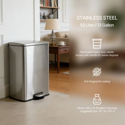 13 Gal./50 Liter Rectangular Stainless Steel Step-on Trash Can for Kitchen