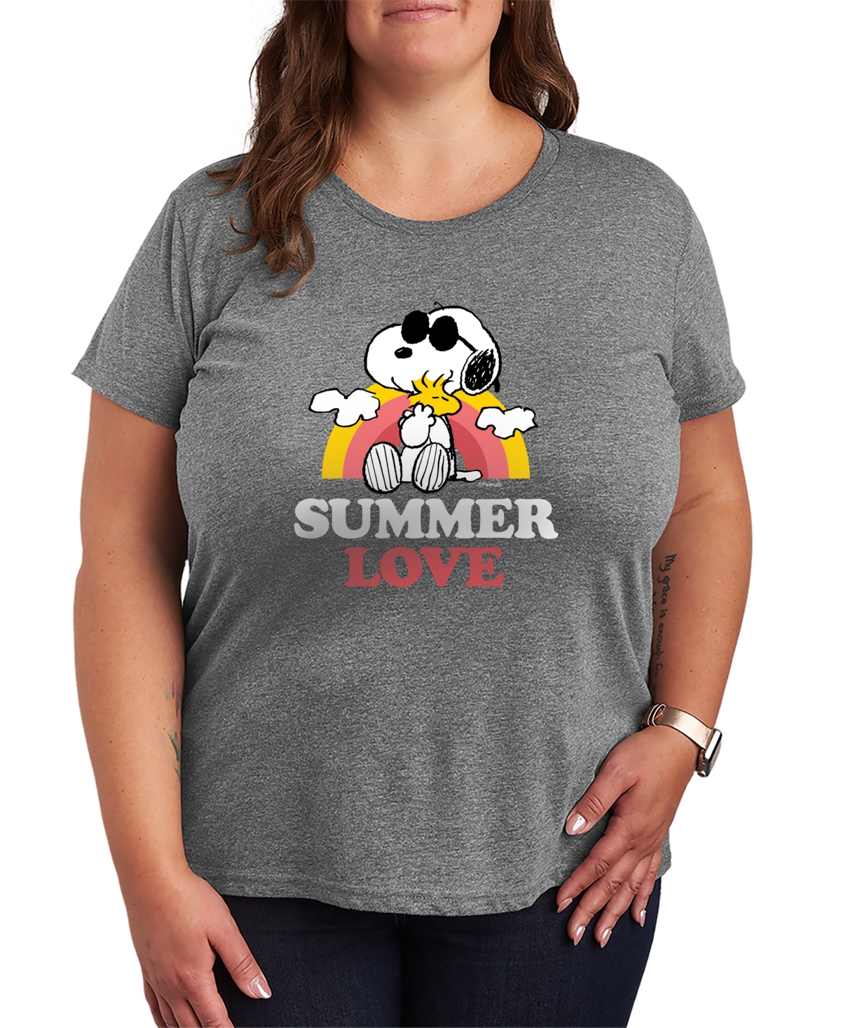 Hybrid Apparel Plus Size Peanuts Summer Love Snoopy and Woodstock Short-Sleeve Graphic T-Shirt - Heather Gray