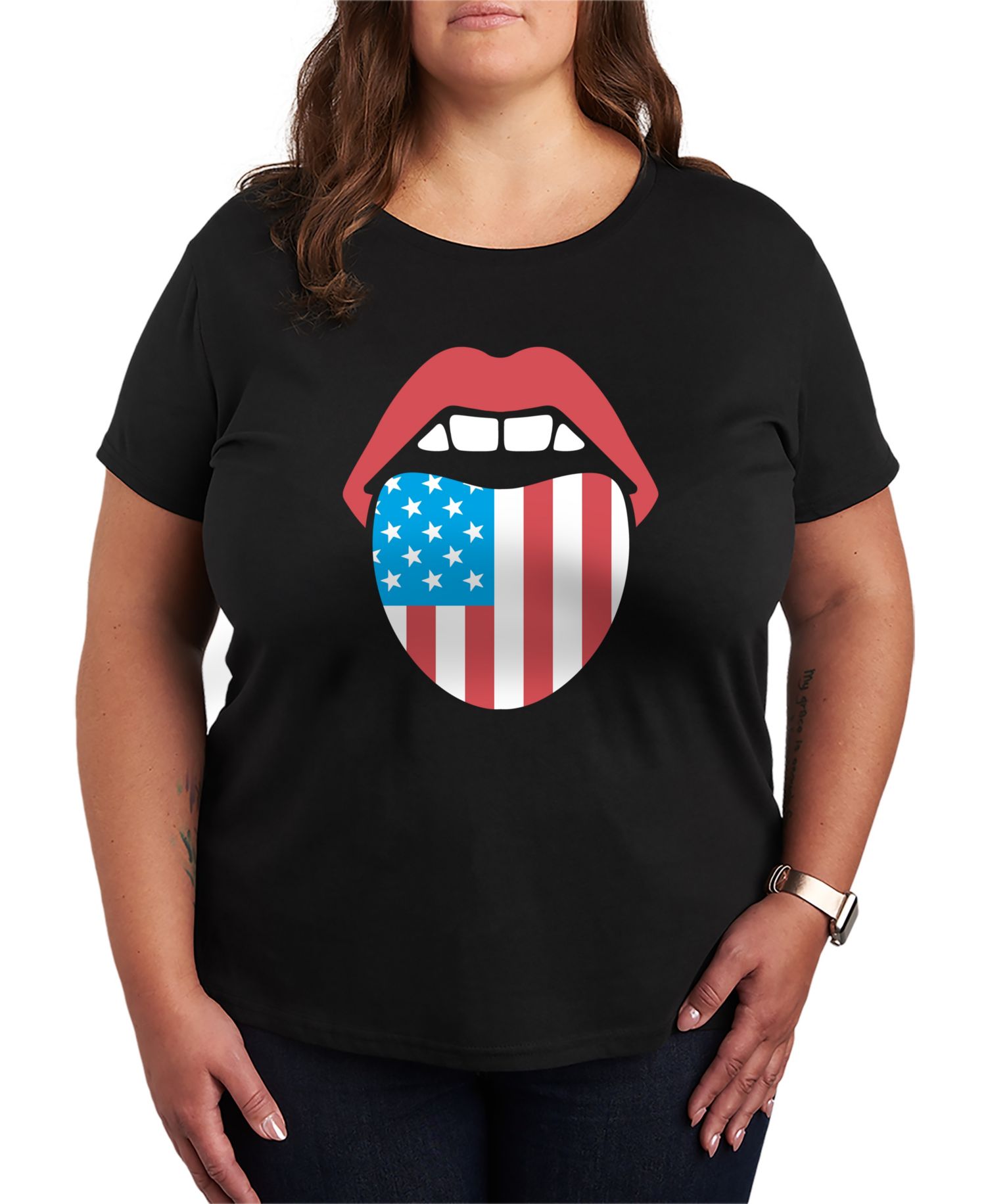 Plus Size Instant Message USA Flag Tongue Short-Sleeve Graphic T-Shirt