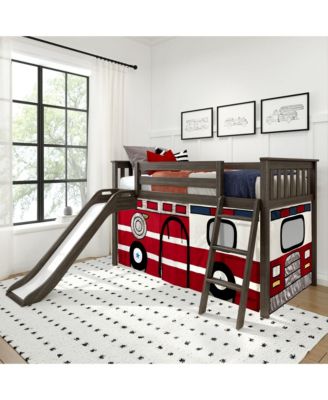 Low Loft With Easy Slide and Firetruck Curtain