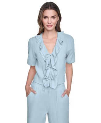 Petite V-Neck Short Puff-Sleeve Tie-Front Shirt