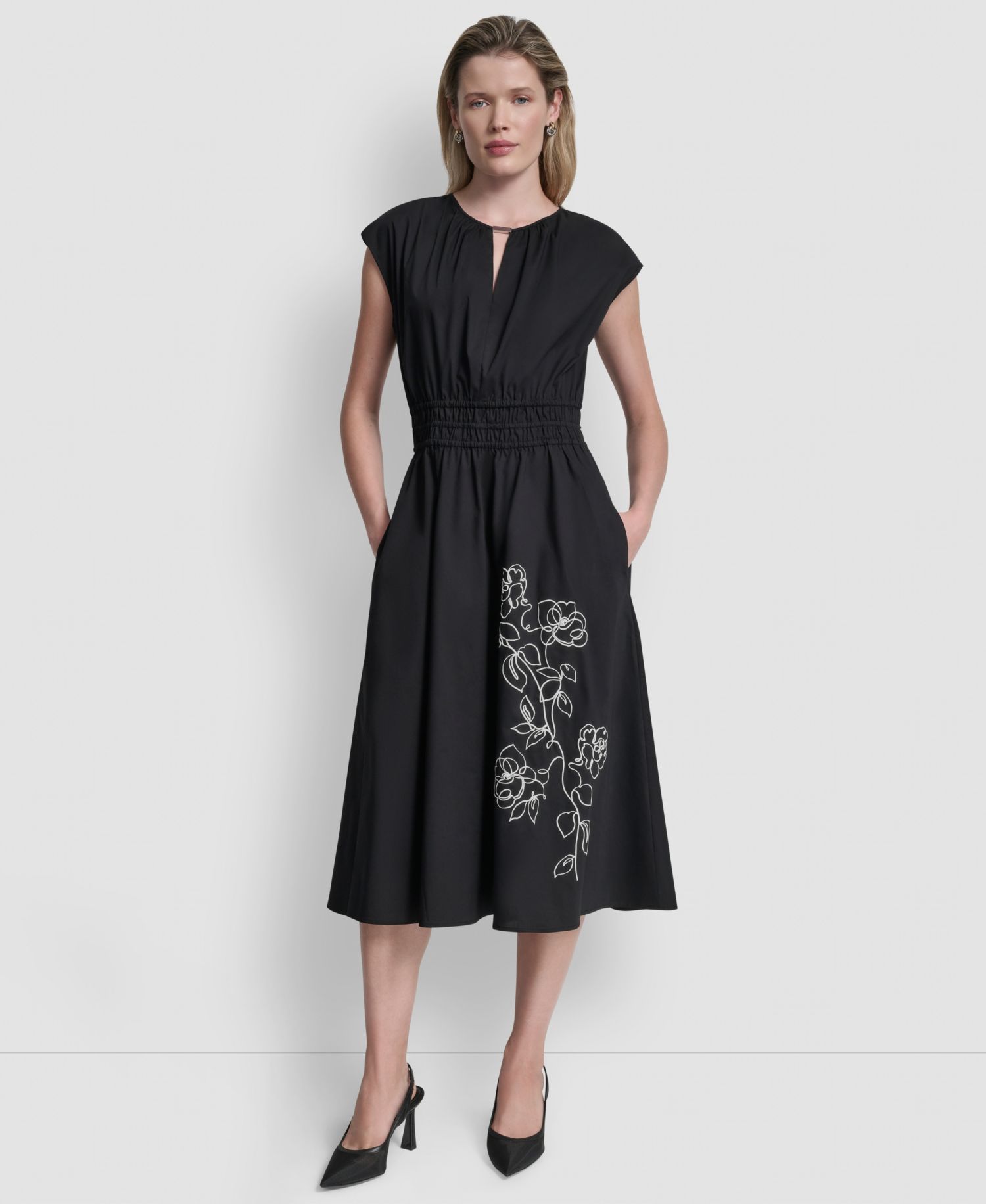 Women's Cap-Sleeve Jewel Neck Keyhole Midi Dress