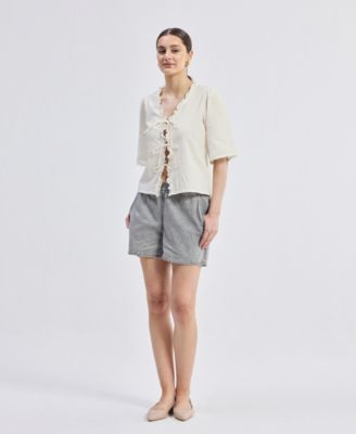 Women's Relaxed Fit Top With Ruffles and Front-Ties in Cream