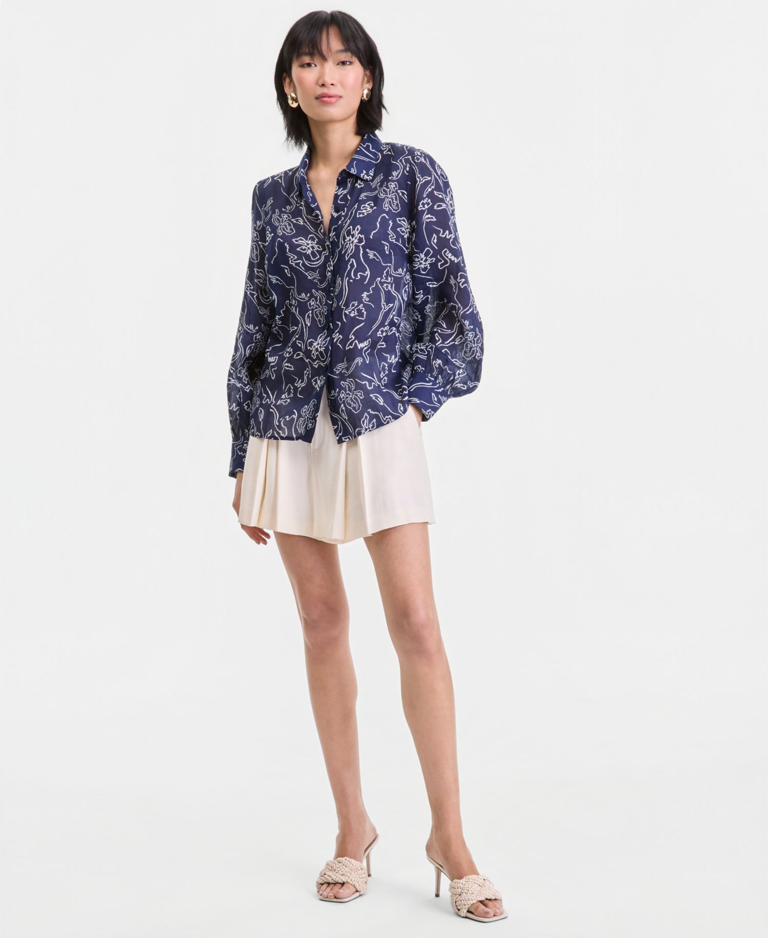 Petite Long Sleeve Printed Ramie Button Down Shirt