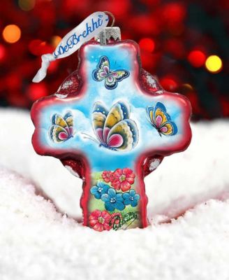 Butterflies Cross Glass Ornament