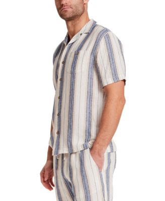 Men's Short-Sleeve Button Down Vertical Stripe Linen Camp Collar Shirt