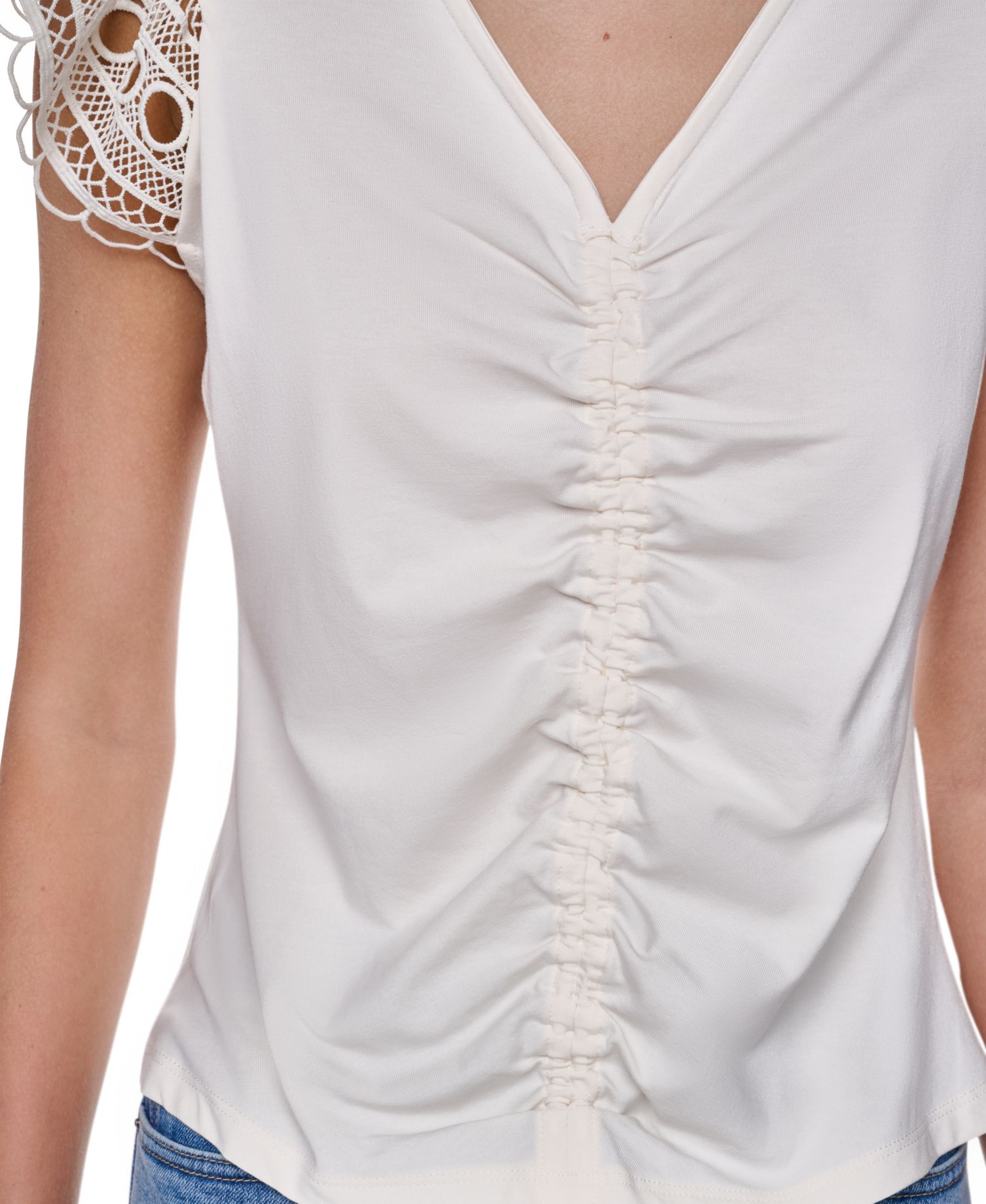 Women's V-Neck Lace Trim Gathered Top
