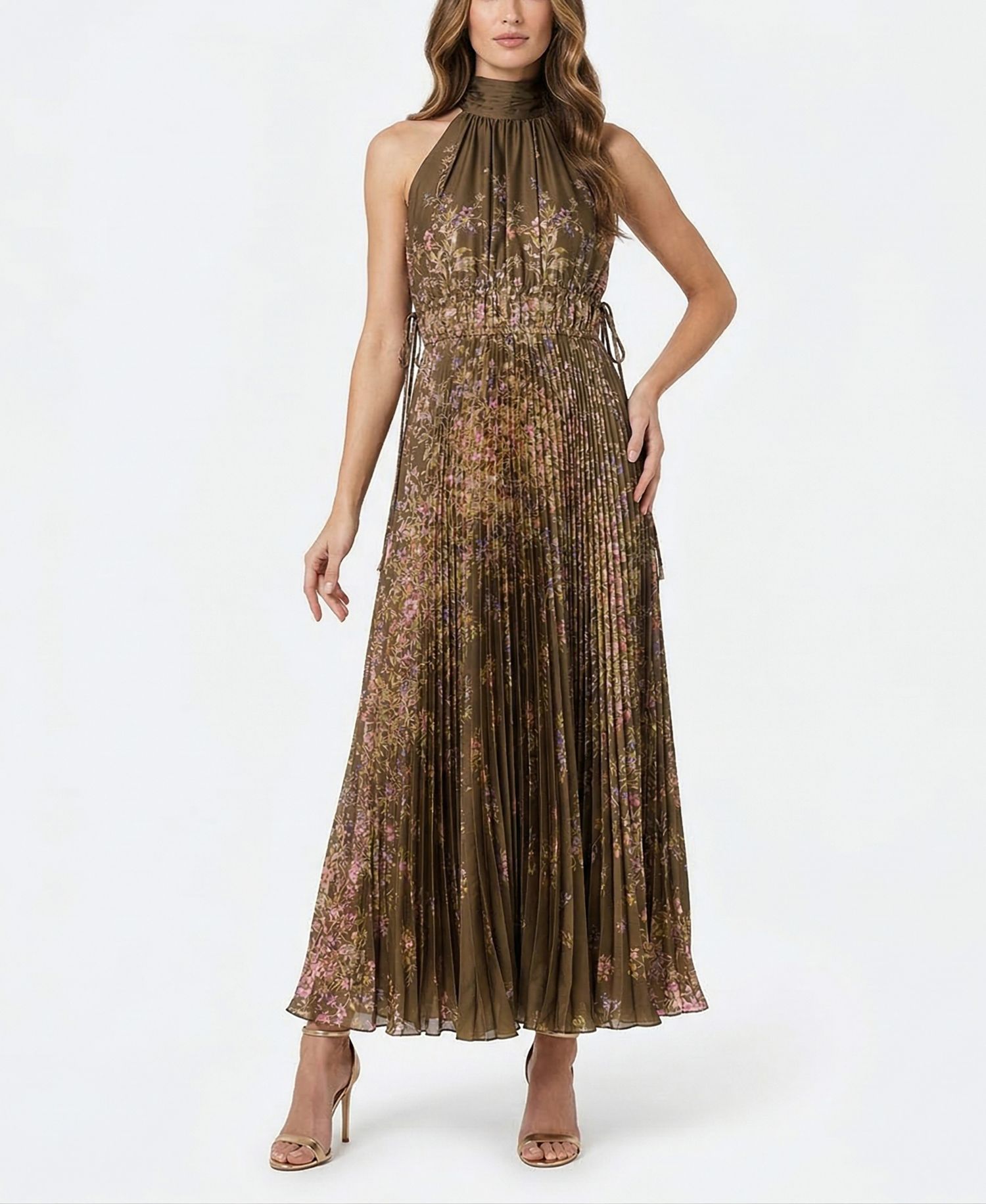 Women's Floral Pleated Mock Neck Dress