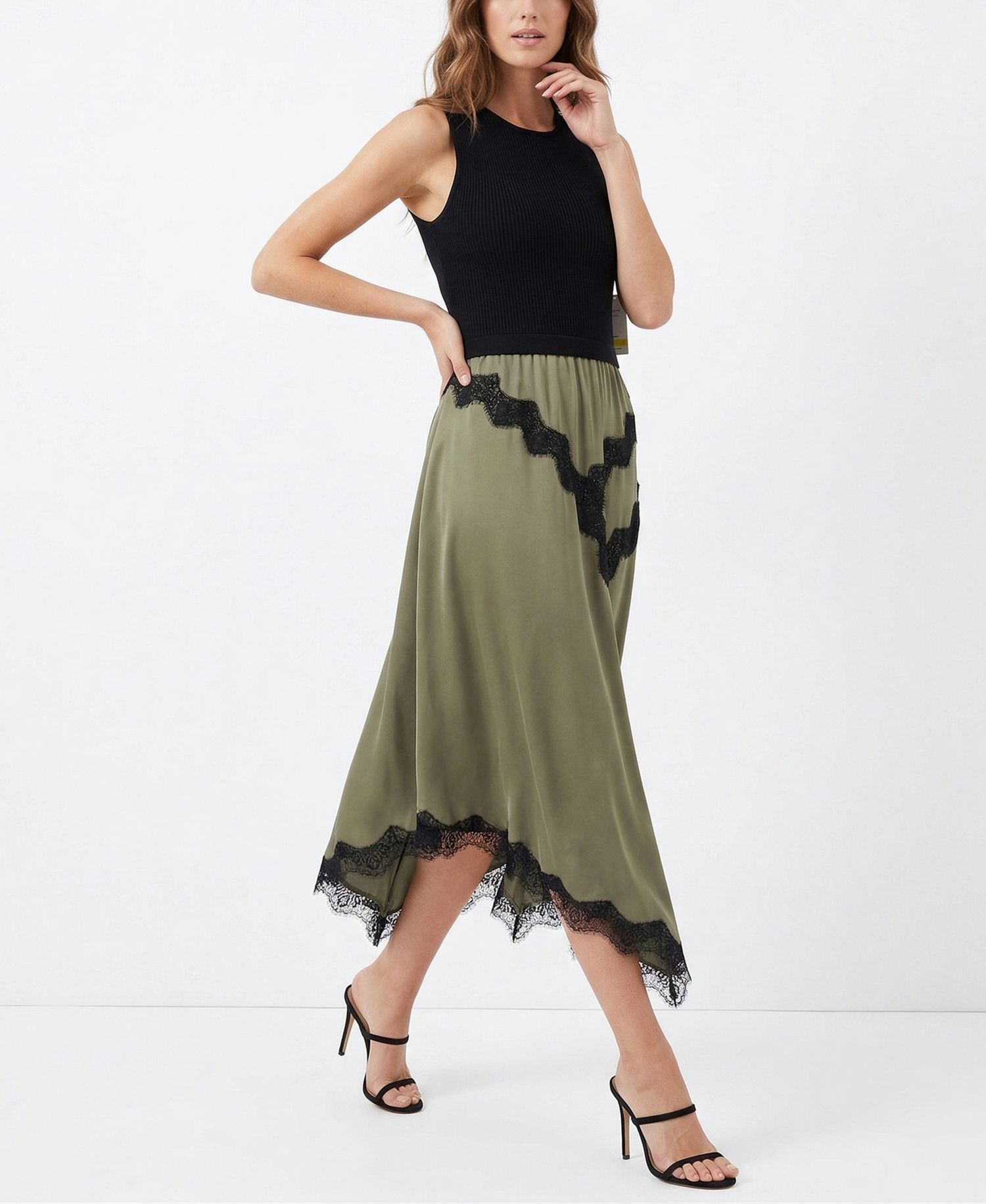 Women's Lace Trim Twofer Crewneck Sweater Dress