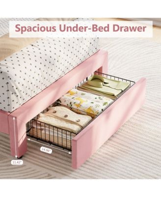 Velvet Upholstered Bed Frame with Storage Headboard, Footboard Drawer and Wood Slats, Box Spring Not Required