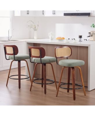 26 Inch Counter Height Swivel Bar Stools with Rattan Back and Upholstered Seat Set of 3