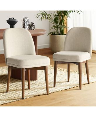 Linen Blend Upholstered Dining Chairs Set of 2, Walnut Wood Legs