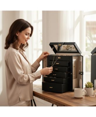 Extra Large 6-Tier Jewelry Organizer with Mirror 5 Drawers Leather Storage Case for Women