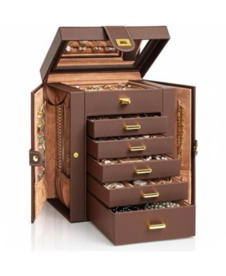 Extra Large 6-Tier Jewelry Organizer with Mirror 5 Drawers Leather Storage Case for Women