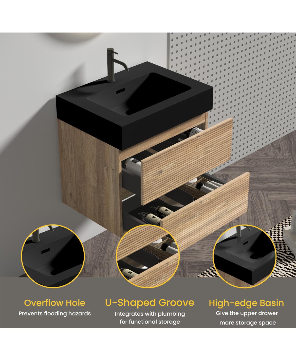 Sillysis Mid-Century Modern Bathroom Vanity with Double Drawers, Quartz Basin