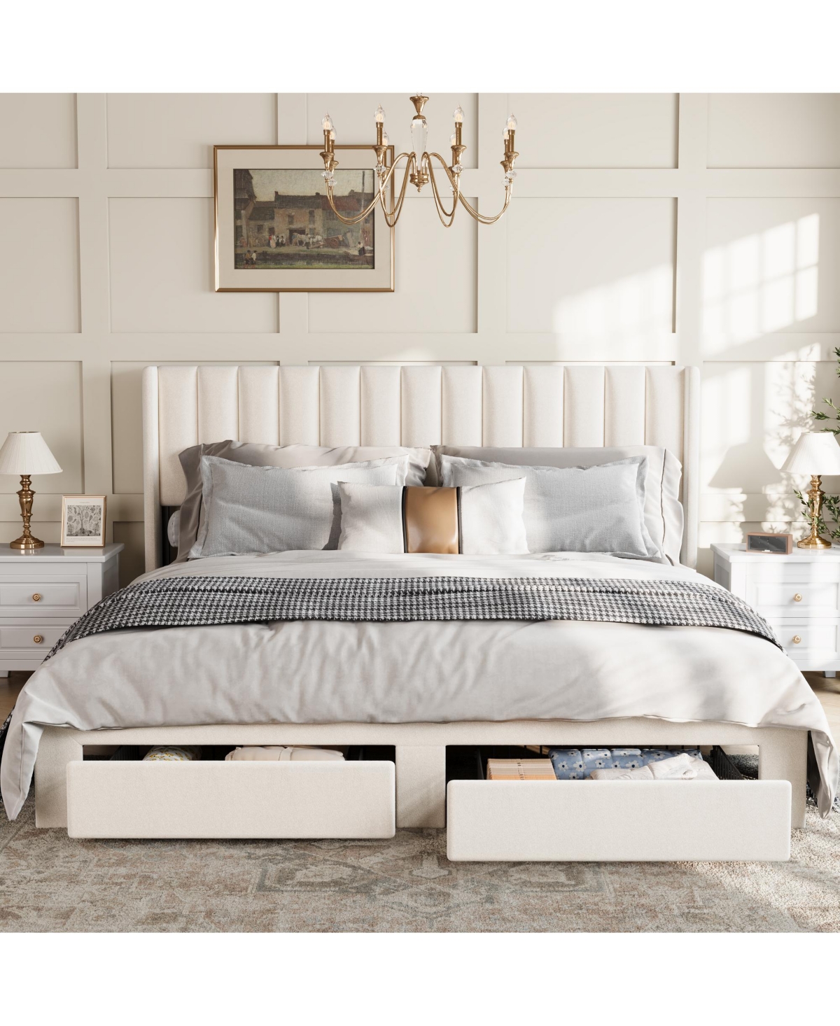 Homfan Bed Frame with 2 Storage Drawers, Velvet Upholstered Platform Bed, No Box Spring Needed, Noise Free