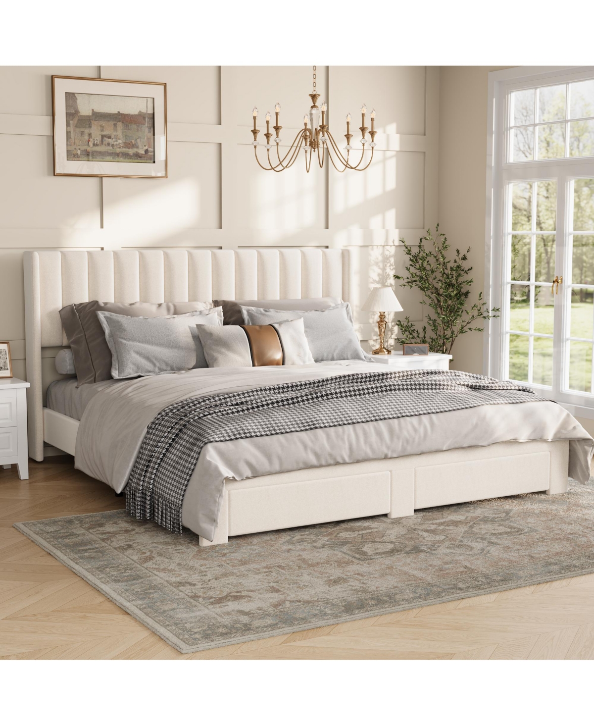 Homfan Bed Frame with 2 Storage Drawers, Velvet Upholstered Platform Bed, No Box Spring Needed, Noise Free