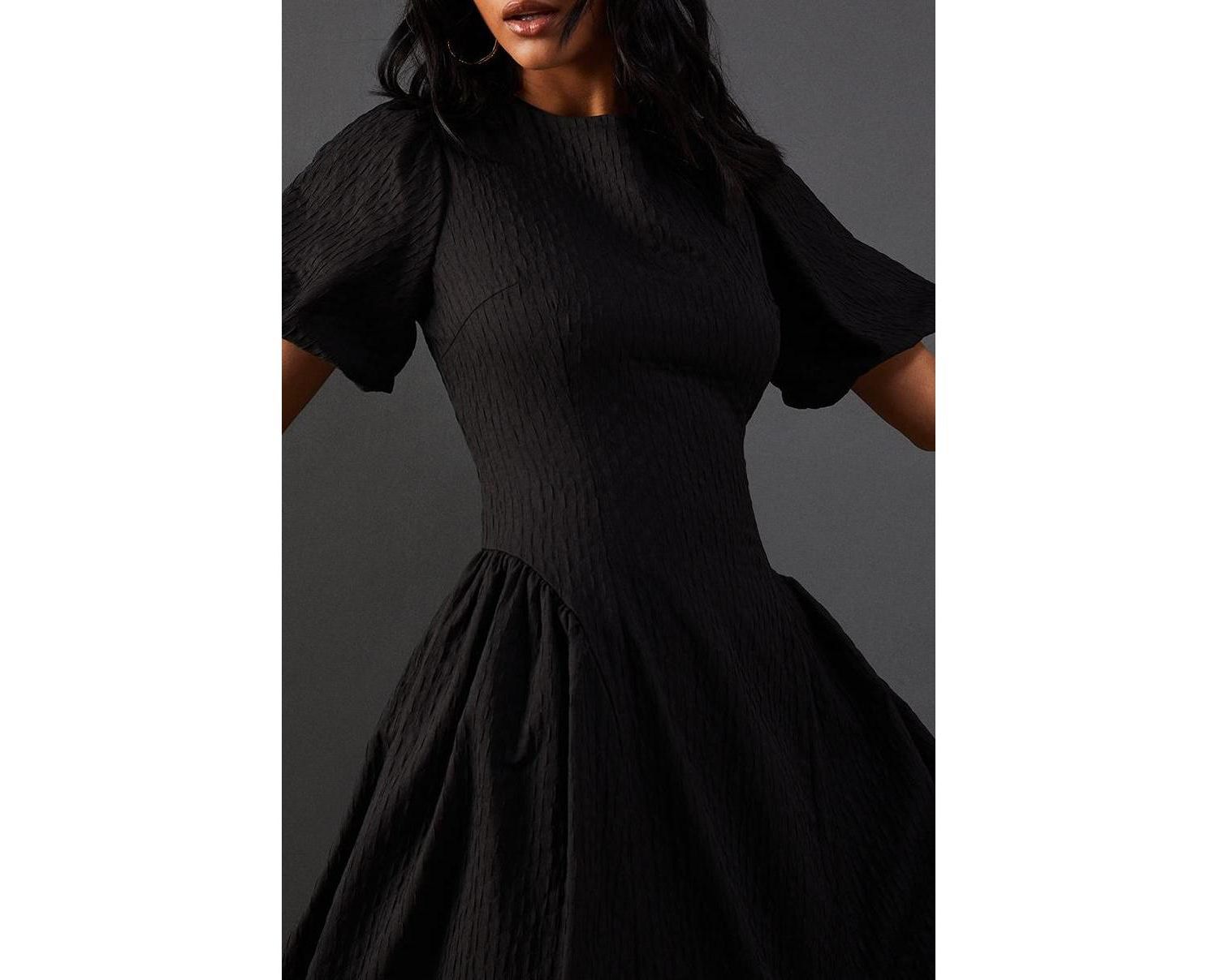 Women's Seersucker Puff Sleeve Midi Dress