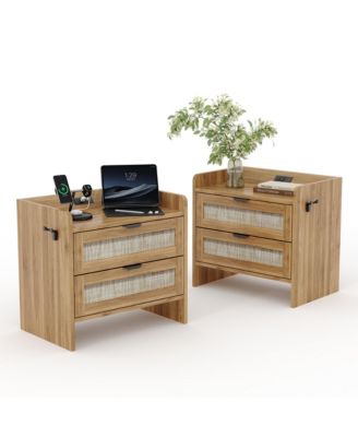 Home Set of 2 Boho Nightstands, Engineered Wood Bedside Tables with Rattan 2 Drawers Storage