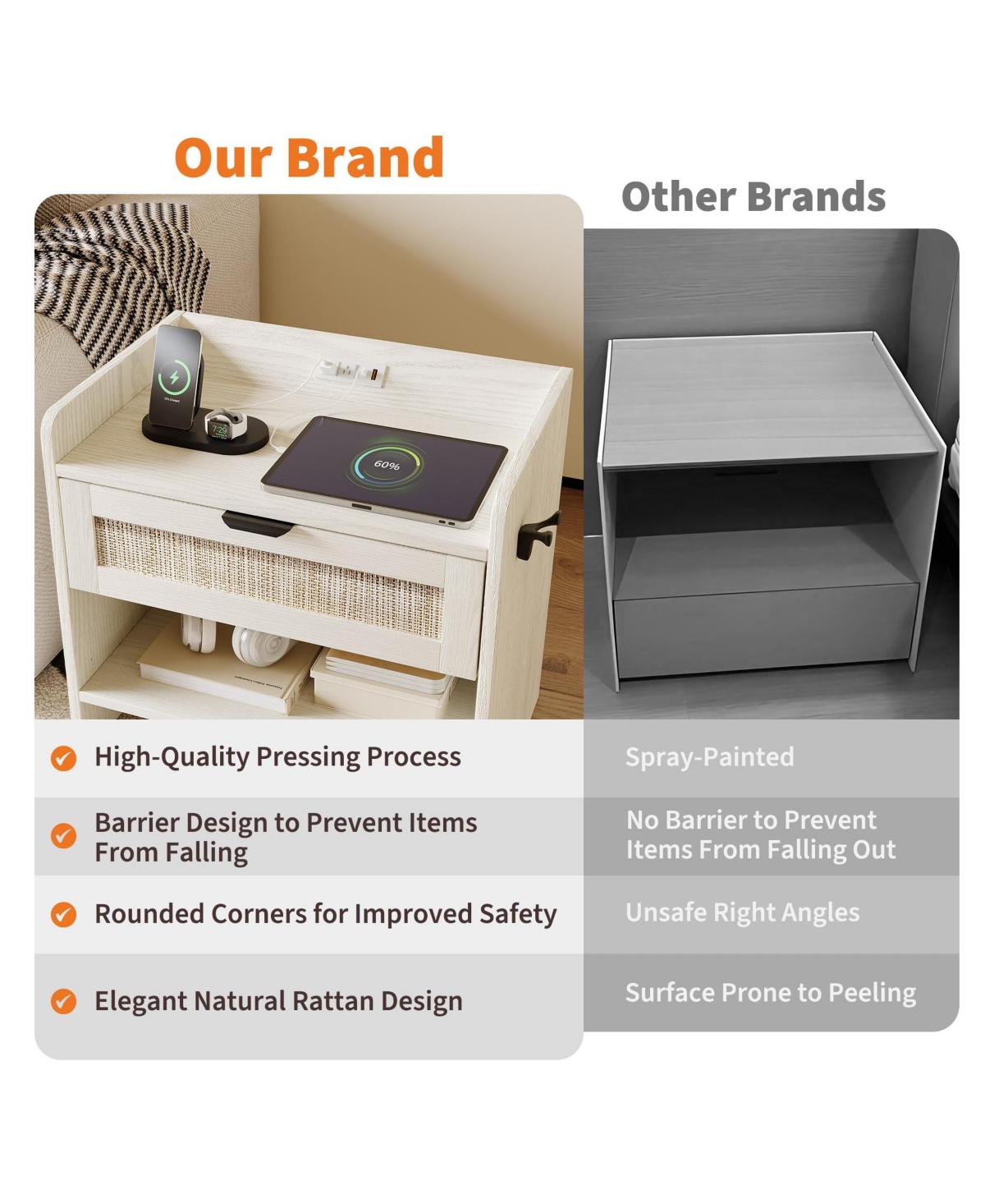 gaomon Home 1-Drawer Nightstand Wood Rattan Storage Side Table