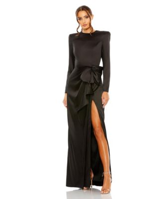 Petite Long Sleeve Satin Structured Bow Draped Column Gown
