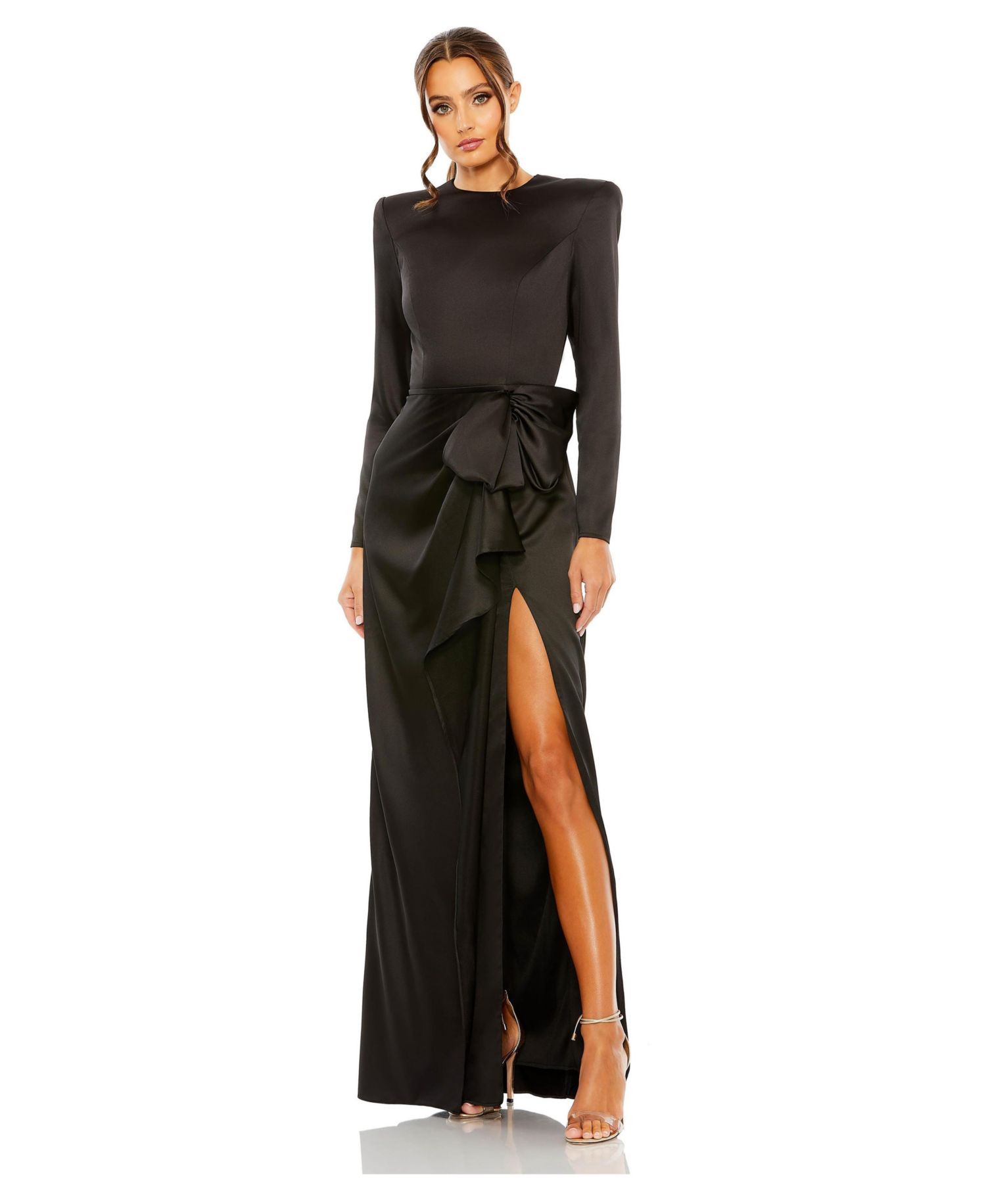 Petite Long Sleeve Satin Structured Bow Draped Column Gown