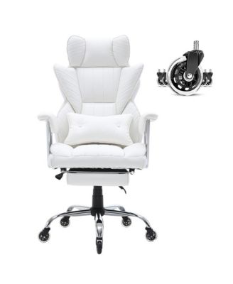 Reclining Office Chair with Retractable Footrest, 350 lbs Capacity, PU Leather Wide Seat and Lumbar Support