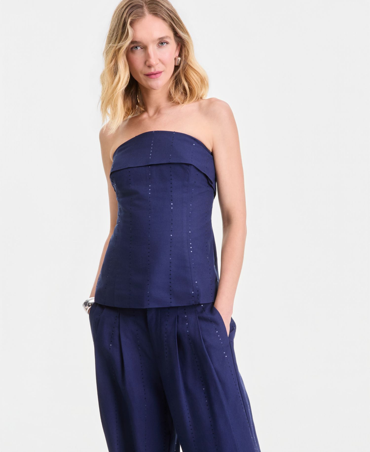 Women's Sequin Pinstripe Linen-Blend Strapless Top