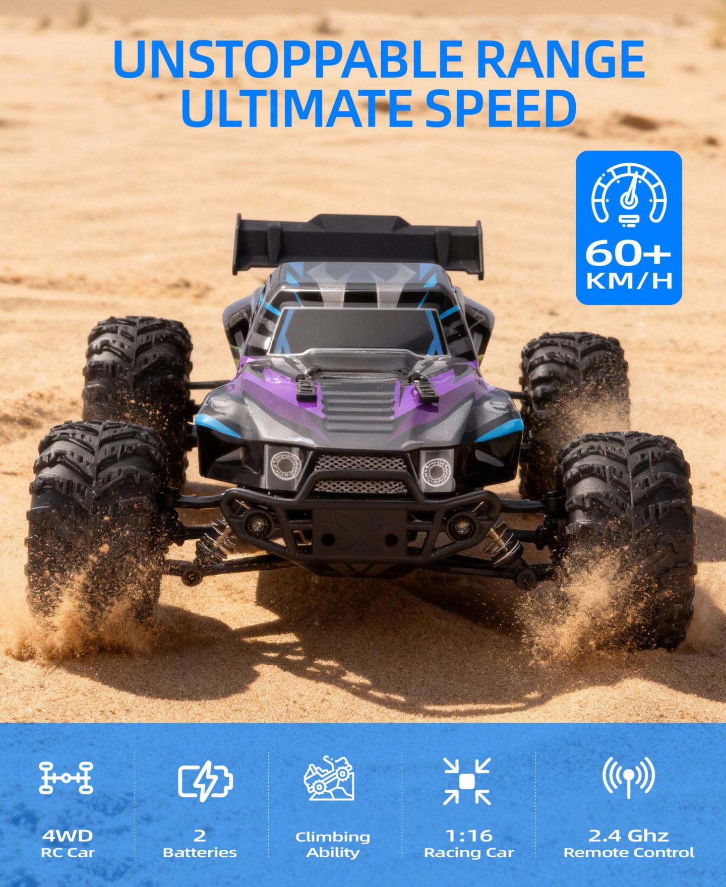 Радиоуправляемая машинка Sugift 4WD 1:16 со светодиодами и двумя аккумуляторами, цвет: Чёрный — фото 2
