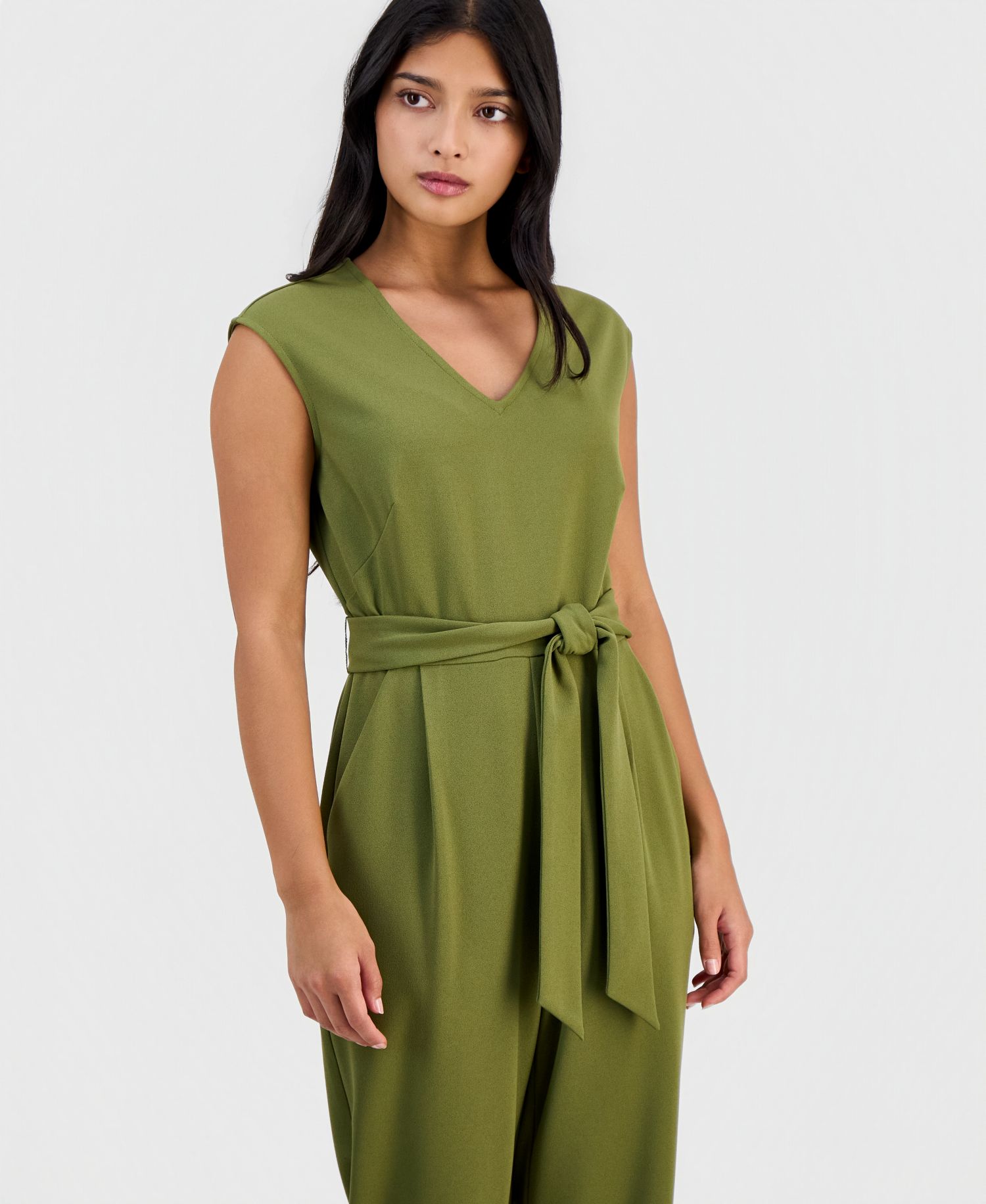 Petite Belted V-Neck Jumpsuit