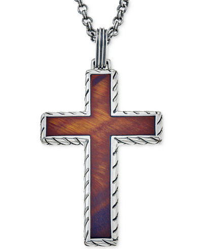 Esquire Men's Jewelry Red Tiger Eye (40 x 27-1/2mm) Cross Pendant Necklace in Sterling Silver, Only at Macy's